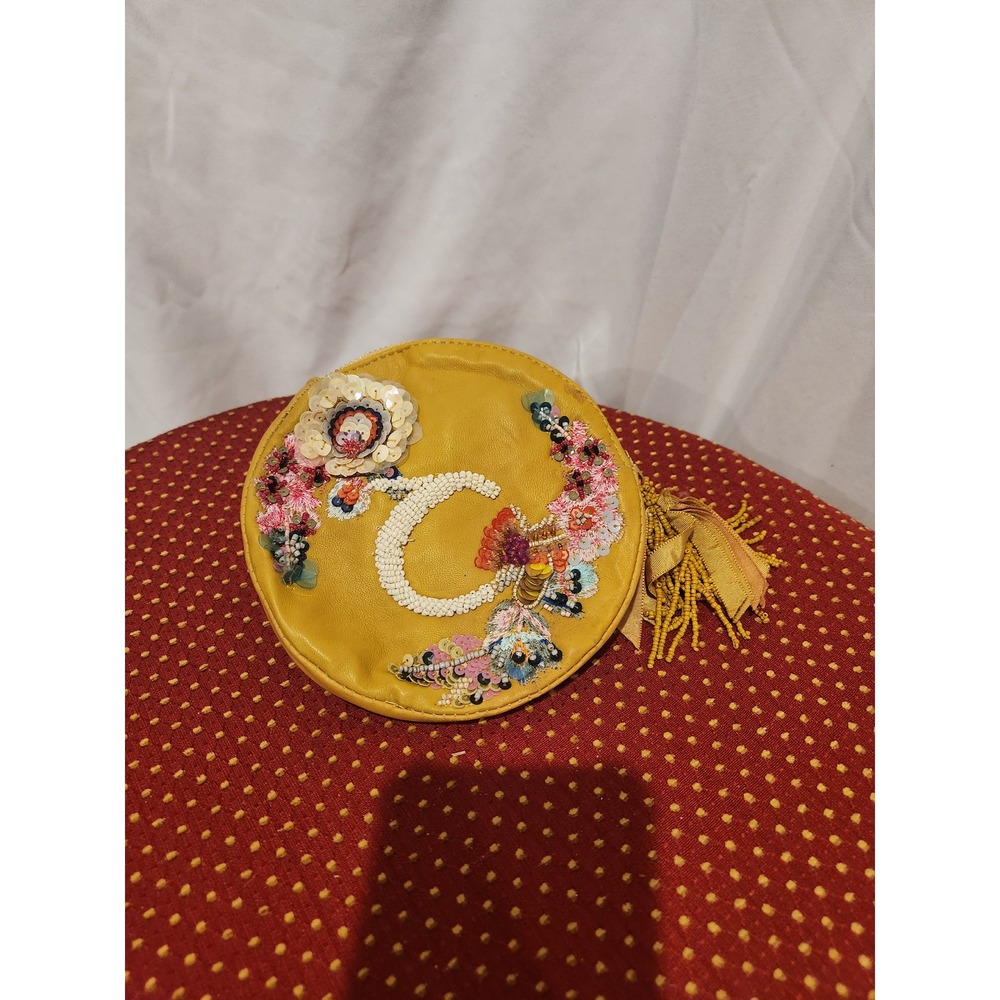 Anna Harlow Russo x Anthropologie Yellow Leather Beaded Initial C Coin Pouch